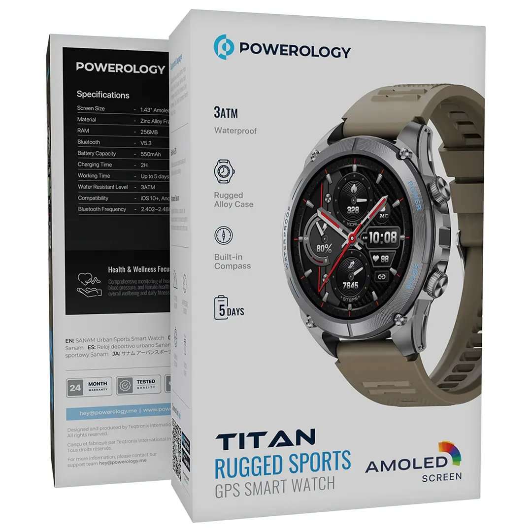 Powerology Titan Smartwatch 1.43 AMOLED GPS+BT Khaki Silicone Sport Strap - Linkphones Center